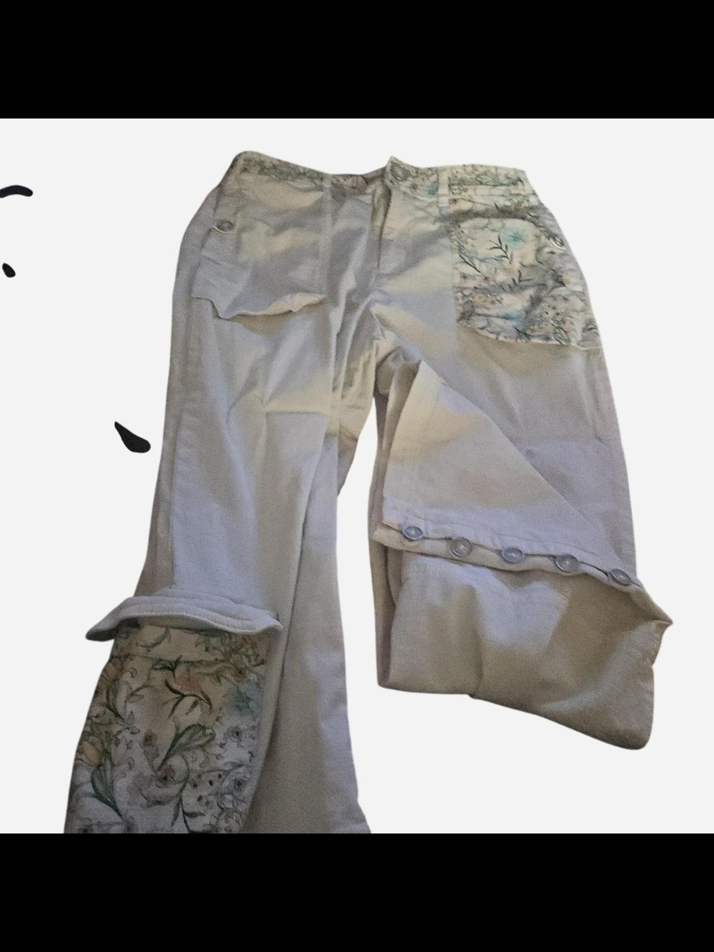 Anthropologie Cream Wide-Leg Jeans with Floral Patch Panels